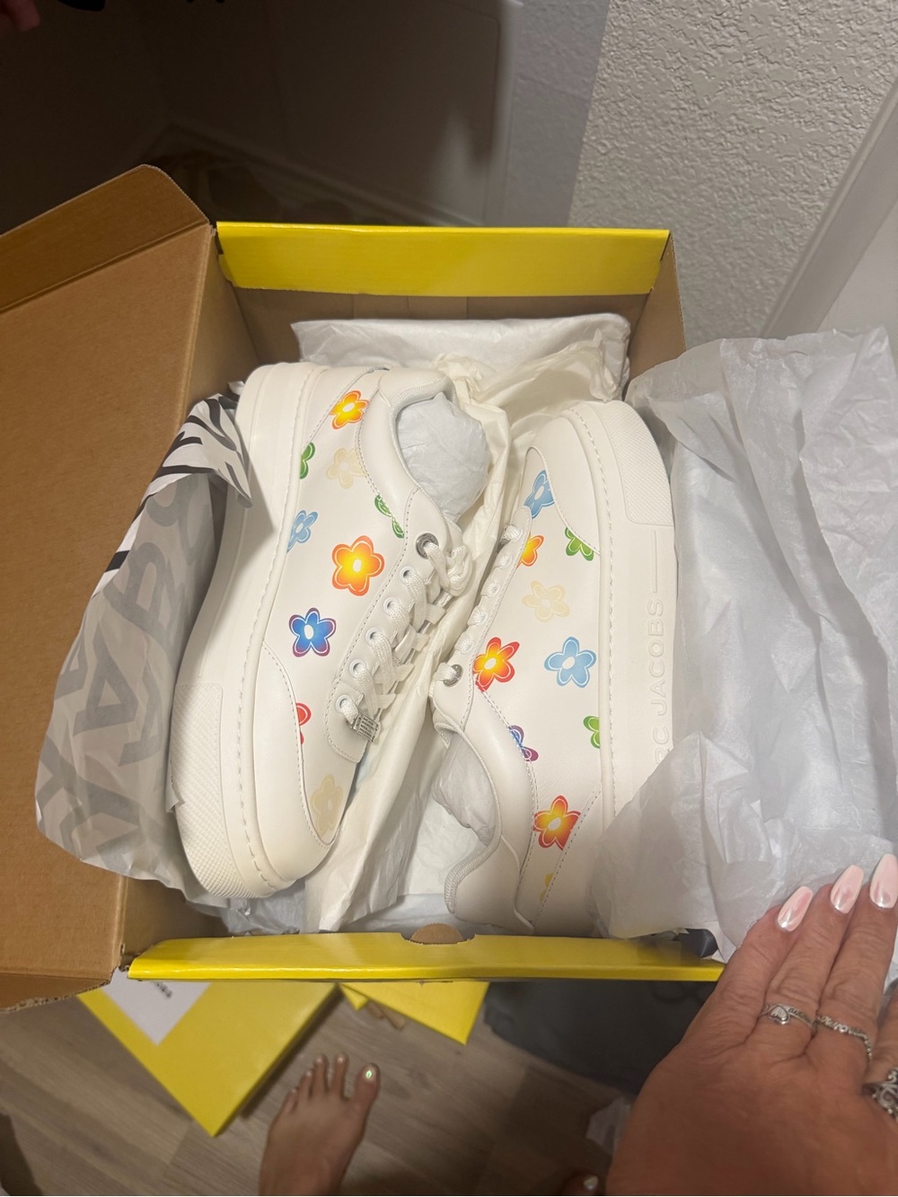 Marc Jacobs White Leather Platform Sneakers with Multicolor Floral Motif